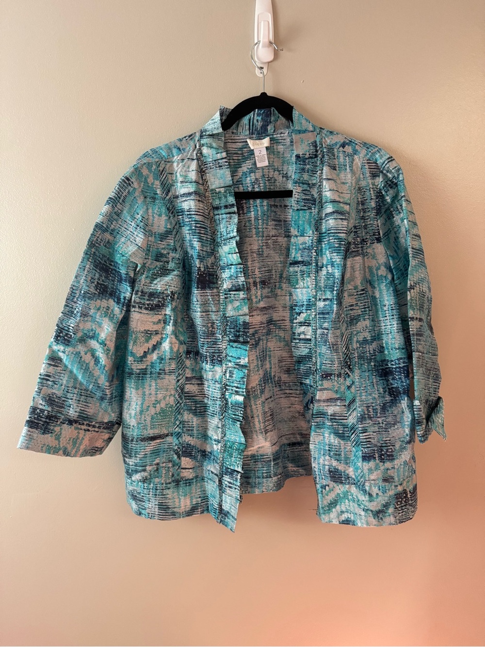 Chico’s Blue Aqua Abstract Print Open Front Jacket Blazer Size 2 (Large) Career